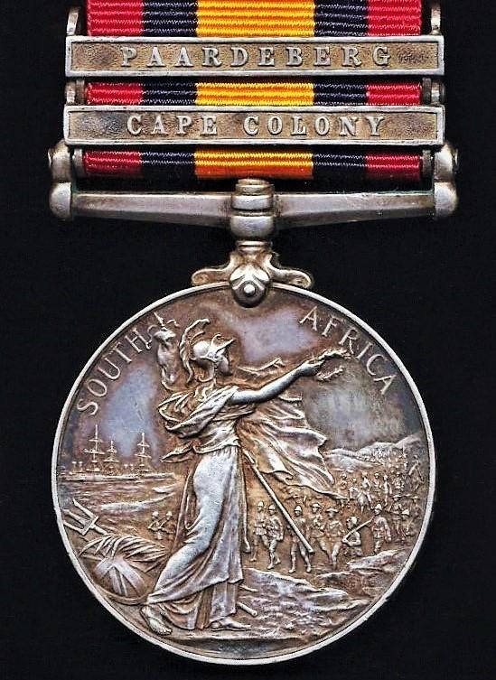 Queens South Africa Medal 1899-1902. Silver issue with 2 x clasps 'Cape Colony' & 'Paardeberg' (3825 Pte F. Conway, 2: Sea: Highrs:)