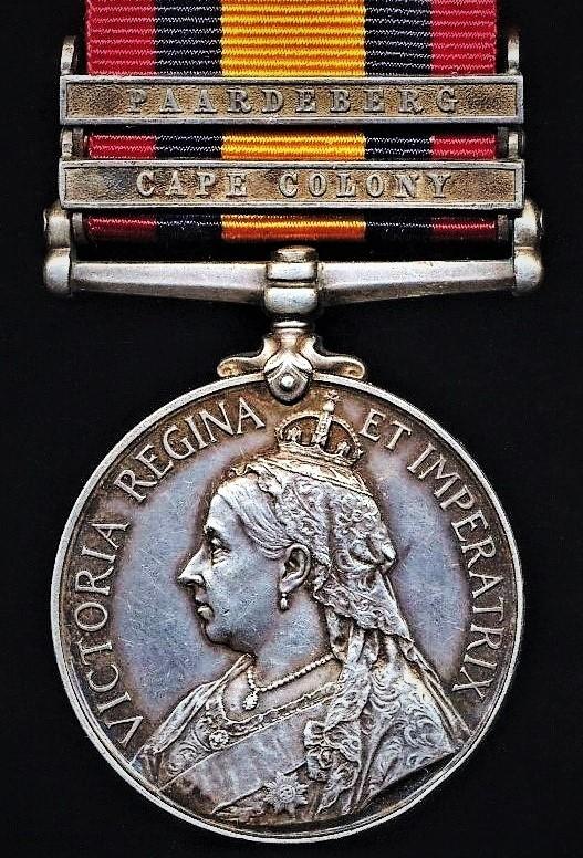 Queens South Africa Medal 1899-1902. Silver issue with 2 x clasps 'Cape Colony' & 'Paardeberg' (3825 Pte F. Conway, 2: Sea: Highrs:)