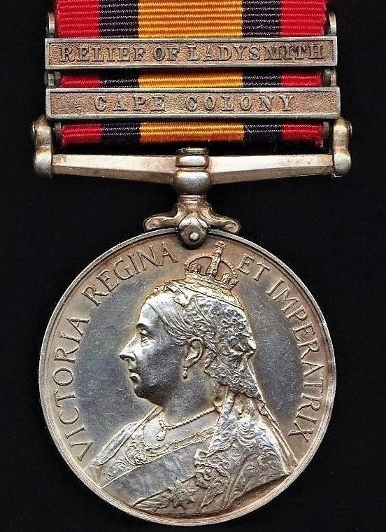 Queens South Africa Medal 1899-1902. Silver issue with 2 x clasps 'Cape Colony' & 'Relief of Ladysmith' (3919 Pte J. Wallace, 1: Rl: Innis: Fus:)
