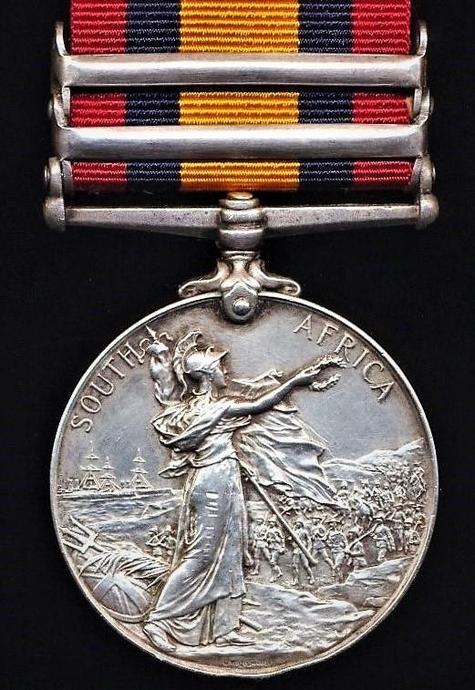 Queens South Africa Medal 1899-1902. Silver issue with 2 x clasps 'Talana' & 'Transvaal' (5580 Pte P. Caffery, Rl. Irish Fus:)
