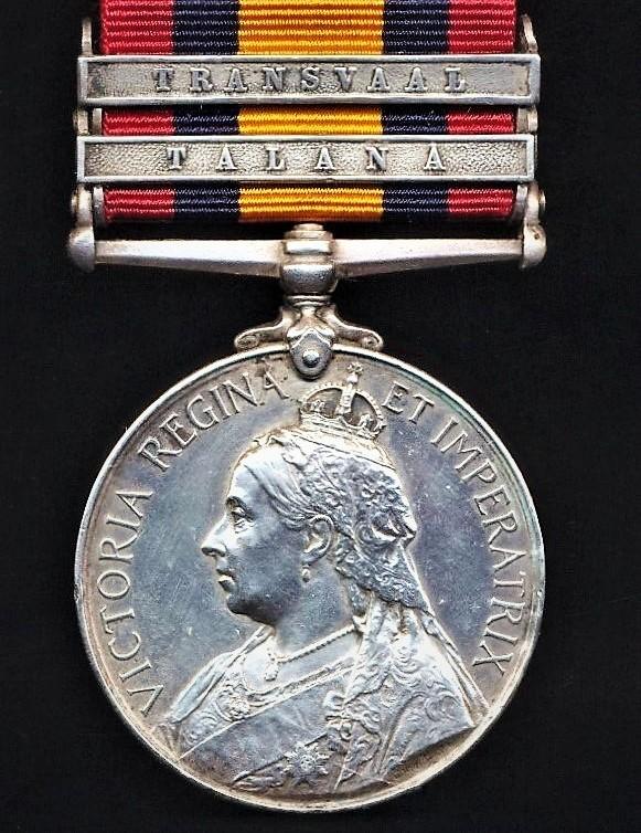 Queens South Africa Medal 1899-1902. Silver issue with 2 x clasps 'Talana' & 'Transvaal' (5580 Pte P. Caffery, Rl. Irish Fus:)