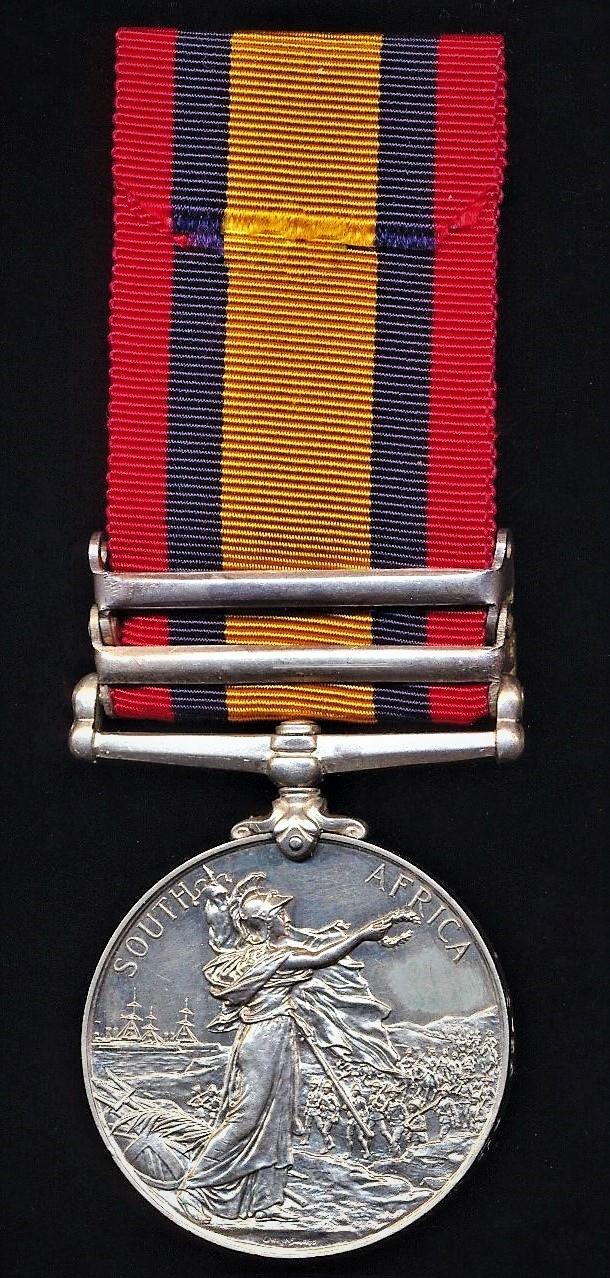 Queens South Africa Medal 1899-1902. Silver issue with 2 x clasps 'Tugela Heights' & 'Relief of Ladysmith' (2789 Pte J. Wilson, 2: R Scots Fus:)