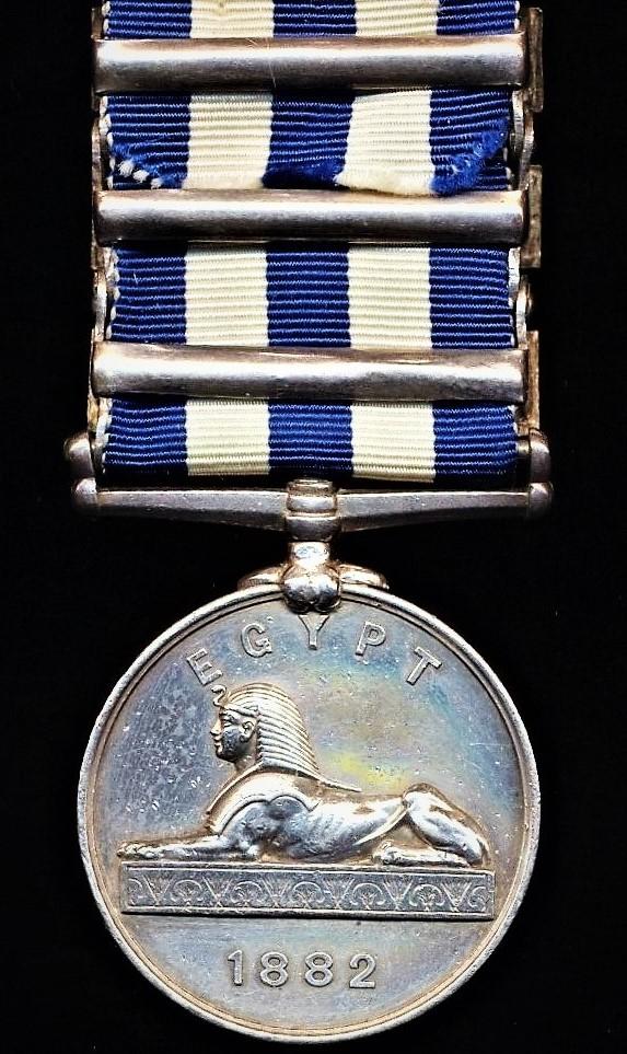 Egypt & Sudan Medal 1882-1889. With 1882 dated reverse & 3 x clasps 'Tel-El-Kebir'. 'Suakin 1884' & 'El-Teb_Tamaai' (2006. Lce Sgt C. Melia. 1/Gord: Highrs.)