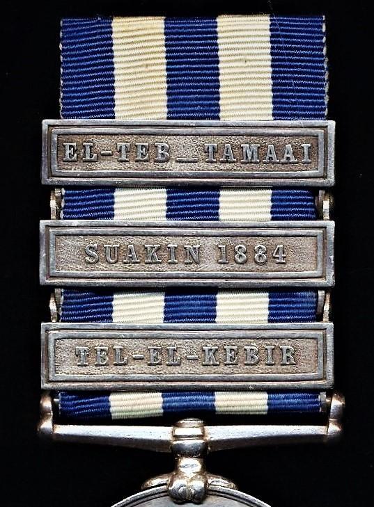 Egypt & Sudan Medal 1882-1889. With 1882 dated reverse & 3 x clasps 'Tel-El-Kebir'. 'Suakin 1884' & 'El-Teb_Tamaai' (2006. Lce Sgt C. Melia. 1/Gord: Highrs.)