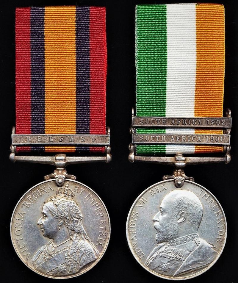 A South African War medal medal pair including single clasp 'Belfast' Queen's South Africa Medal: Private John Griffiths, 1st Battalion King’s Royal Rifle Corps late Rifle Brigade
