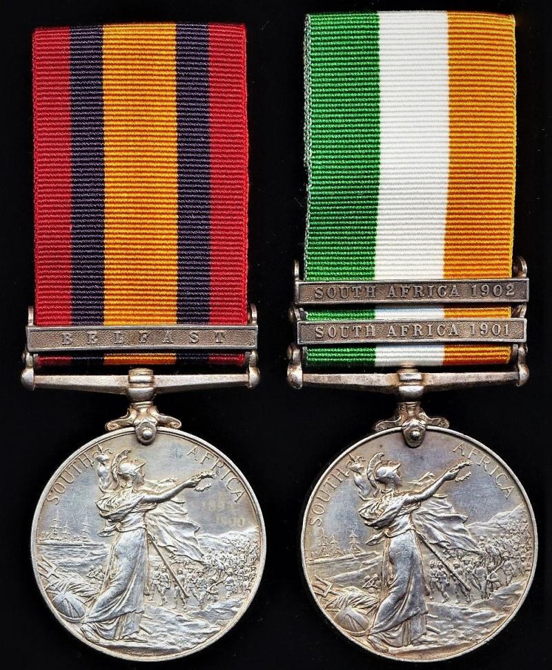 A South African War medal medal pair including single clasp 'Belfast' Queen's South Africa Medal: Private John Griffiths, 1st Battalion King’s Royal Rifle Corps late Rifle Brigade