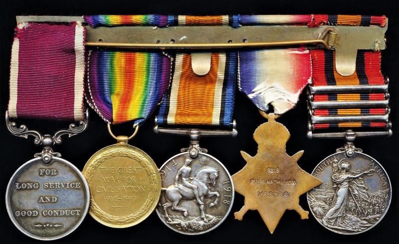 A 'Casualty's' medal group of 5 to a 'Jock' who served pre-war in the infamous British 'Colonial Penal Colony' of Port Blair, Andaman & Nicobar Islands: Sergeant Stephen Mathieson, 1st Battalion Royal Scots Fusiliers