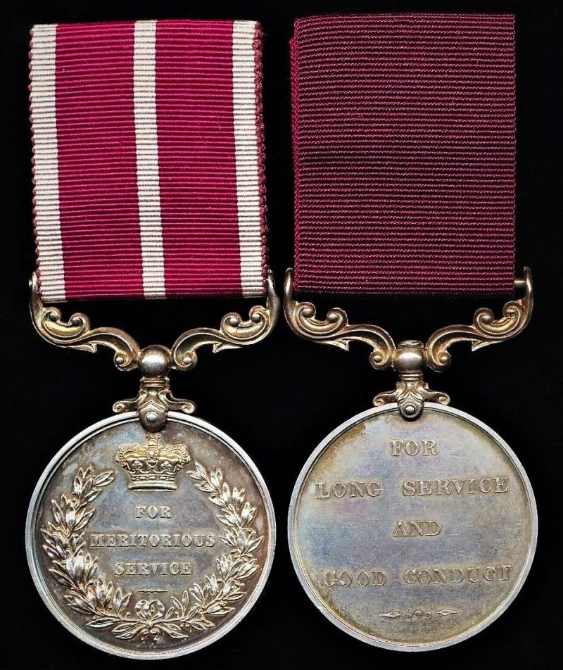 A 'Dunbar & East Linton' Gunner's double long service medal pair: Sergeant-Major William John Warren, Permanent Staff 'Orkney' Royal Garrison Artillery, late Royal Artillery late Royal Garrison Artillery