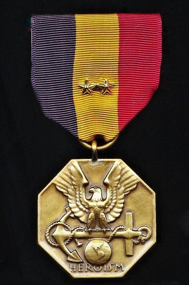 United States: Navy and Marine Corps Medal. With 2 x 'Gold Stars' further awards emblems on riband