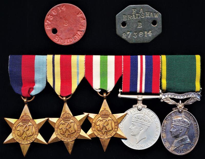 A 'Gunners' multi-campaign & long service medal group of 5: Bombardier Frederick Arthur Bradshaw, 51st (London) Heavy Anti-Aircraft Regiment. Royal Regiment of Artillery