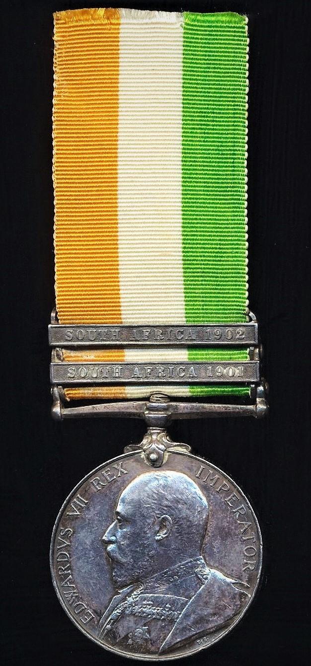King's South Africa Medal 1901-1902. With 2 x clasps 'South Africa 1901' & 'South Africa 1902' (3209 Pte W. Drewell. Cameron Highrs:)