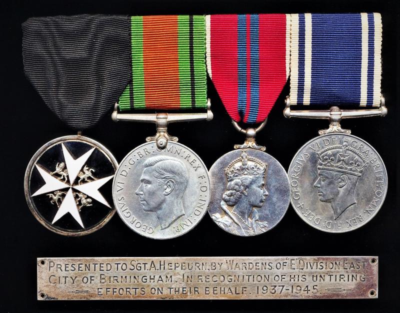 An Outstanding 'Birmingham Blitz' 1940 'Battle of Britain Medal' Group of 4: Sergeant Archibald Flockhart Hepburn, OStJ, City of Birmingham Police Force