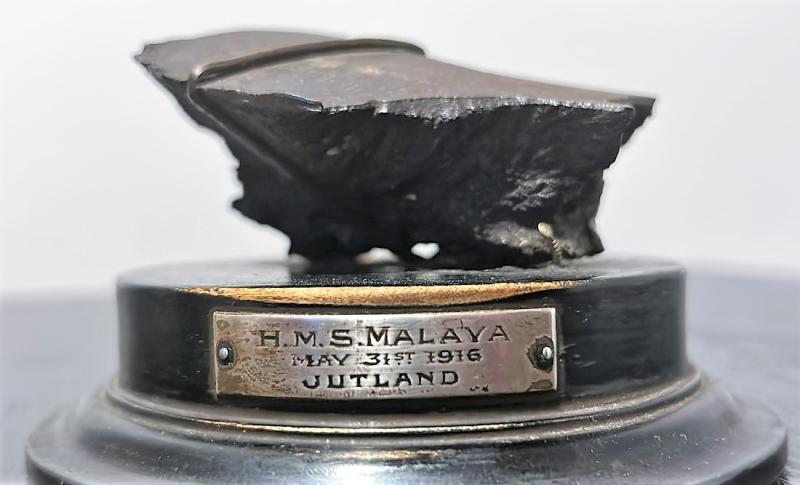 Battle of Jutland, 31 May 1916: Positively attributed 'Kriegsmarine' shell shrapnel, retrieved from the Battleship H.M.S. Malaya, and presented to Surgeon Lieutenant Duncan Lorimer, O.B.E., R.N.V.R.