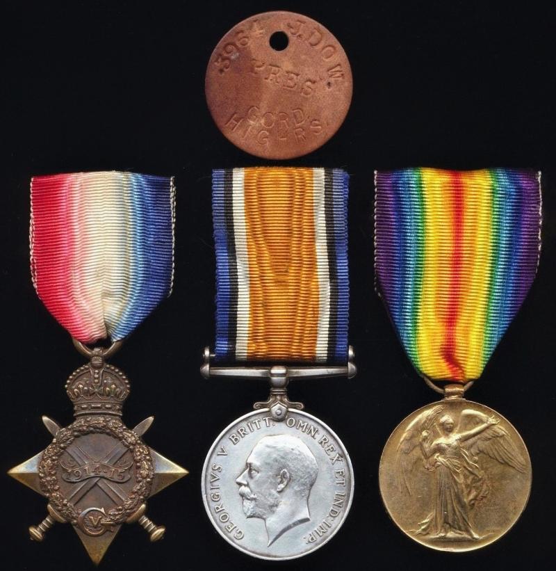 A most desirable 'Kirkcaldy' Jock's Great War 'Battle of Loos' Prisoner of War campaign medal group of 3: Private John Henry Dow, 9th (Service) Battalion Gordon Highlanders