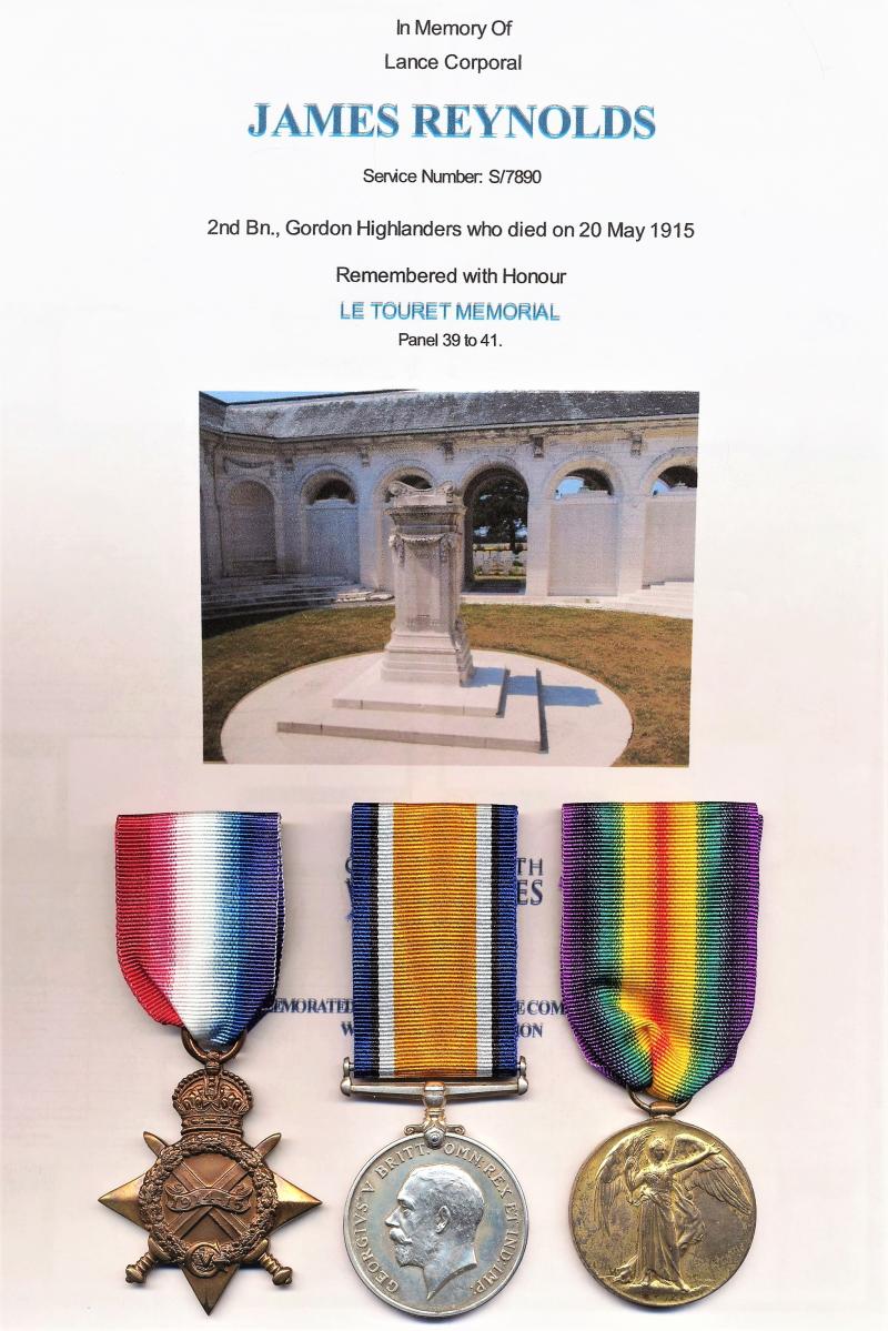 A Stirling man's 'Killed-in-Action' Great War campaign medal group of 3: Private James Reynolds, 2nd Battalion Gordon Highlanders