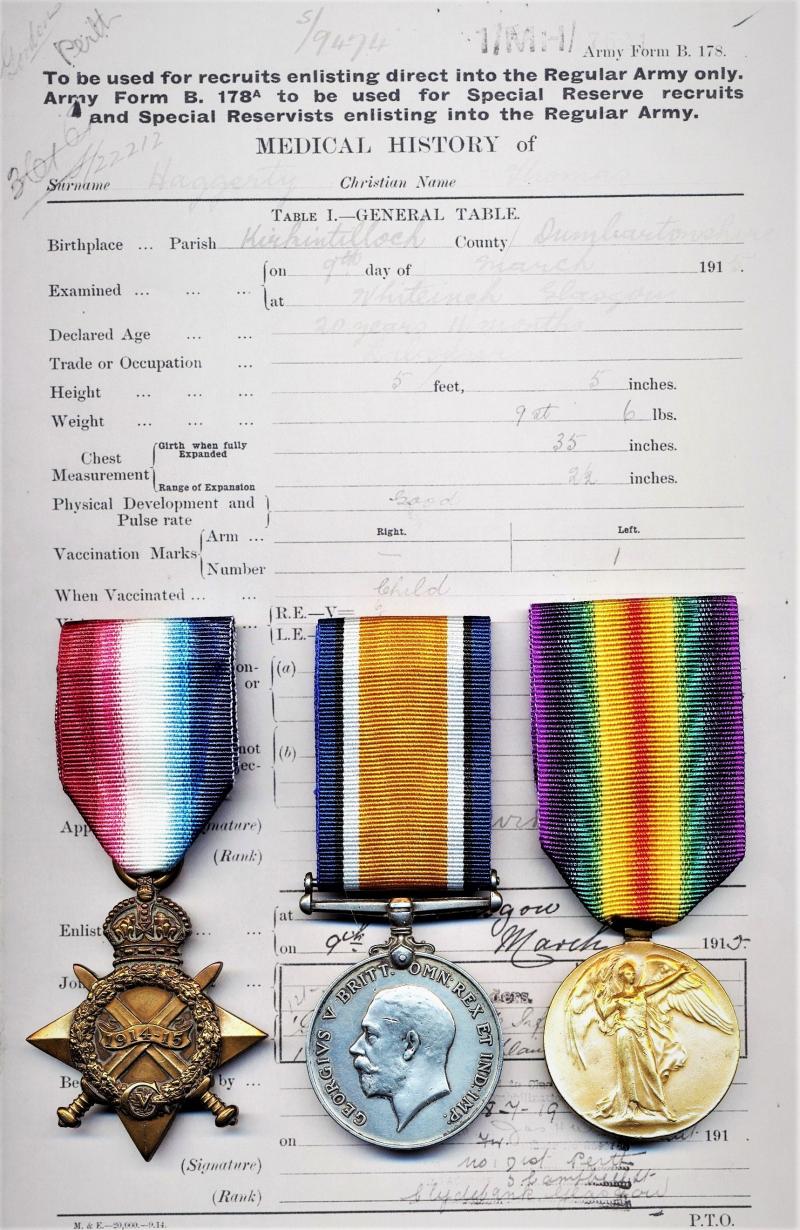 A 'Kirkintilloch' Jock's Great War 'Twice-Wounded' campaign medal group of 3: Private Thomas Haggerty, 1st Garrison Battalion Seaforth Highlanders, late Highland Light Infantry & 1st Battalion Gordon Highlanders