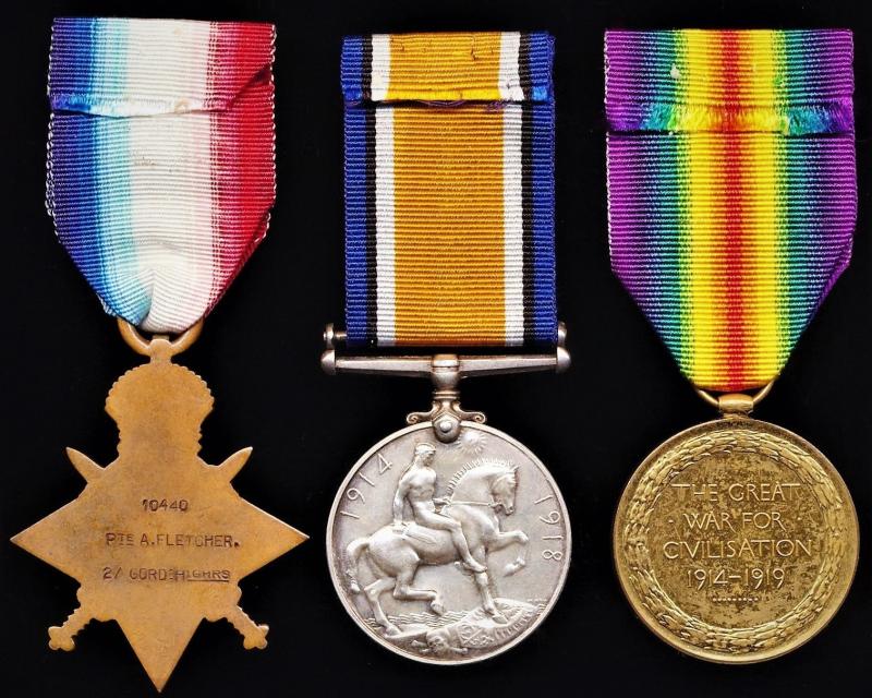 A 'Kintore / Auchterless Loon's' Great War casualty campaign medal group of 3: Private Alexander Fletcher, 2nd Battalion Gordon Highlanders