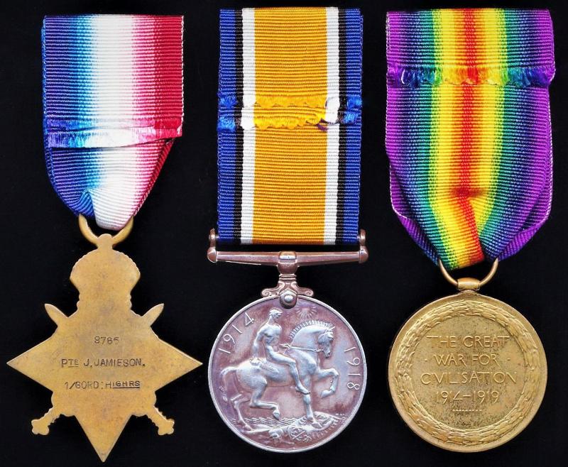 A Glenlivet 'Ballindalloch' Jock's 1914 'MONS' Prisoner of War campaign medal group of 3: Private John Jamieson, 1st Battalion Gordon Highlanders