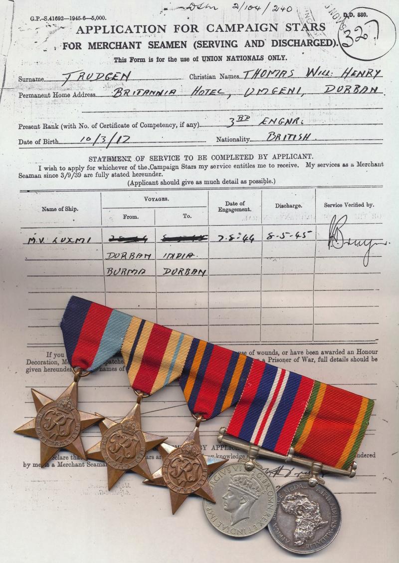 A much travelled Cornishman's 'Multi-Services' Second World War campaign medal group of 5: Thomas William Henry Trudgen, Merchant Navy, late South African Air Force, Union Defence Force and Royal Regiment of Artillery (Territorial Army)