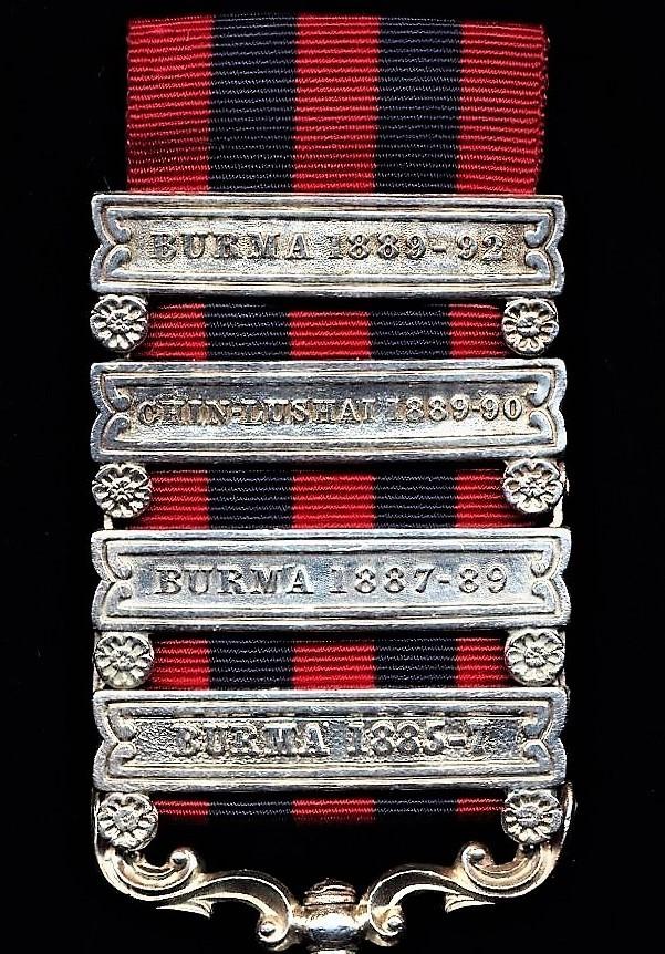 India General Service Medal 1854-95. Silver issue with 4 x clasps 'Burma 1885-7', 'Burma 1887-89', 'Chin-Lushai 1889-90' & 'Burma 1889-92' (1152 Sapper Venkatasamy, 6 Co. “Q.O.” Sappers & Miners)