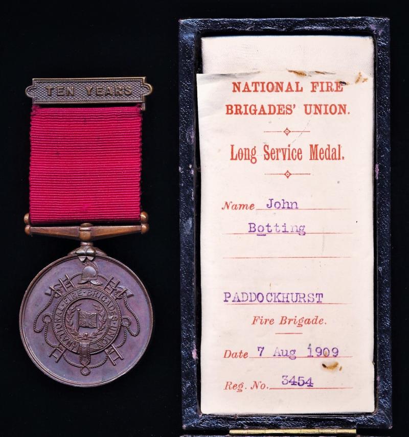 National Fire Brigades Union. Bronze issue Long Service Medal, with integral top '10 Years' bar. Officially numbered on the rim (3454)