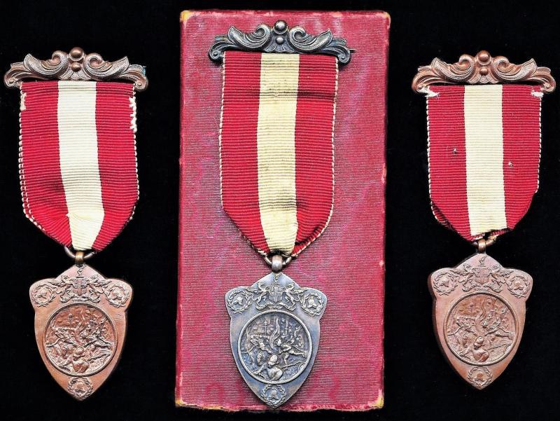 London Private Fire Brigades Association, group of 3 x Challenge Shield Competition Medals: Fireman Thomas Leishman, a 'Bank Note Engraver & Designer', serving with the 'Prize Winning' Bradbury Wilkinson Company, Private Fire Brigade, London