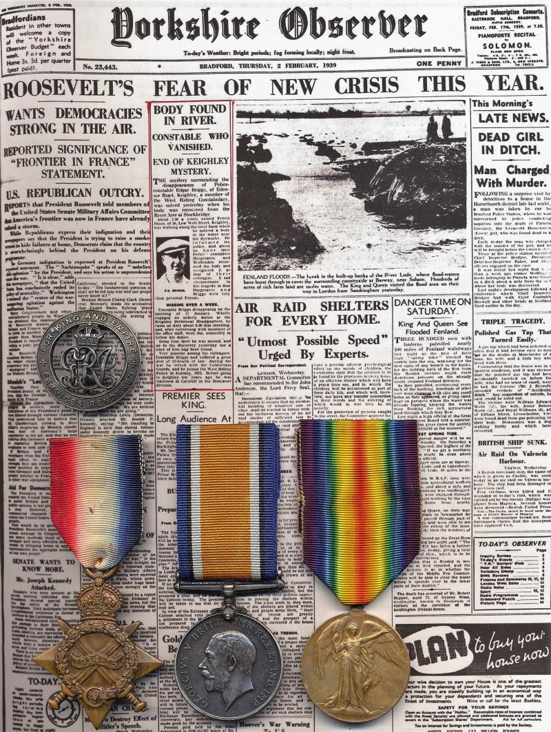 A Keighley Yorkshire Police Constable 'Body Found in Stream' Great War 'Casualty' medal group of 3 with Silver War Badge: Constable Edgar Briggs, West Riding Constabulary late 3rd Battalion Coldstream Guards