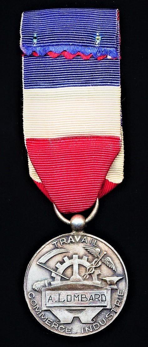 Medal of Honour of Labour (Medaille D'Honneur du Travail). Lucien Larochette model. Silver grade. Named 'A. Lombard'