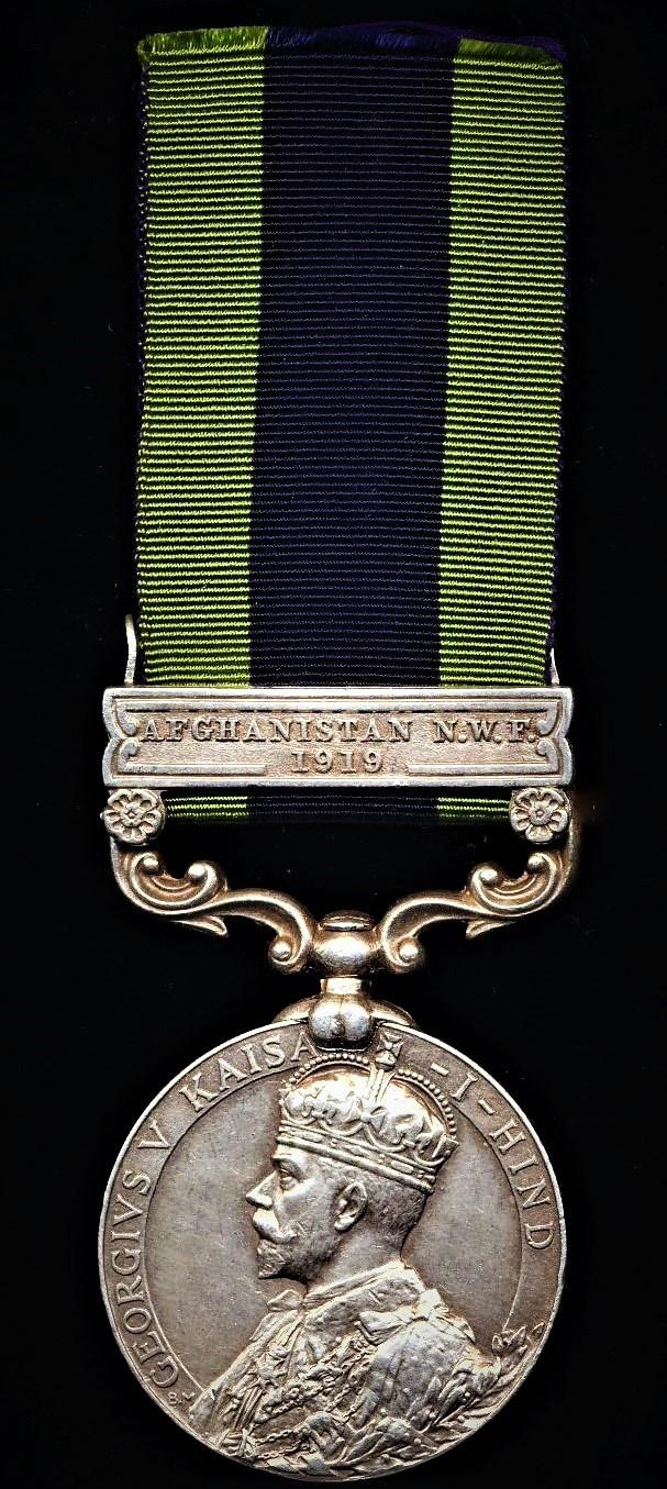 India General Service Medal 1908. GV first type, silver issue with clasp 'Afghanistan NWF 1919' (4649 Dvr Teja Singh, 1 Kashmir Mtn. Bty.)