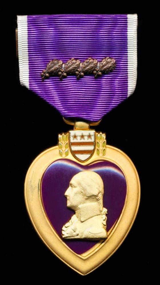 United States: Purple Heart Medal. With 4 x  'Bronze Oakleaf Clusters' on riband.An 1990-2000 era issue