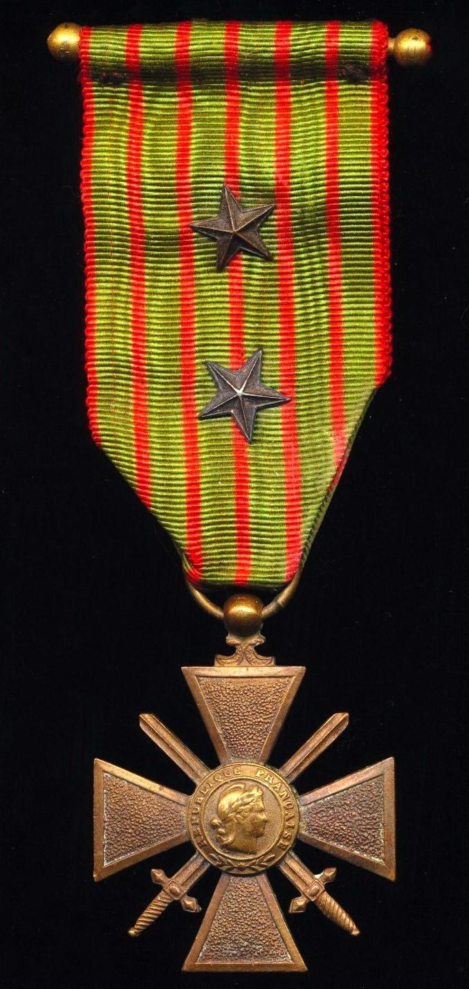 France: Cross of War 1914-1918 (Croix De Guerre 1914-1918). with 2 x Citation emblems (2 x Bronze Stars) on the riband. Reverse of cross dated 1914-1918