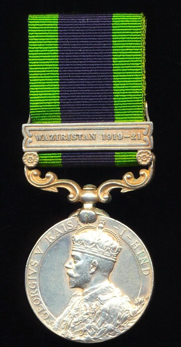 India General Service Medal 1908-35. GV first type. Silver issue with clasp 'Waziristan 1919-21' (Mohd. Aslam Khan, K. B. Rly.)