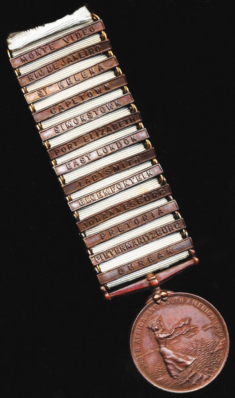 2nd Cruiser Squadron Medal 1908. With 13 x clasps; Durban, Pietermaritzburg, Pretoria, Johannesburg, Bloemfontein, Ladysmith, East London, Port Elizabeth, Simonstown, Cape Town, St. Helena, Rio De Janerio, Monte Video