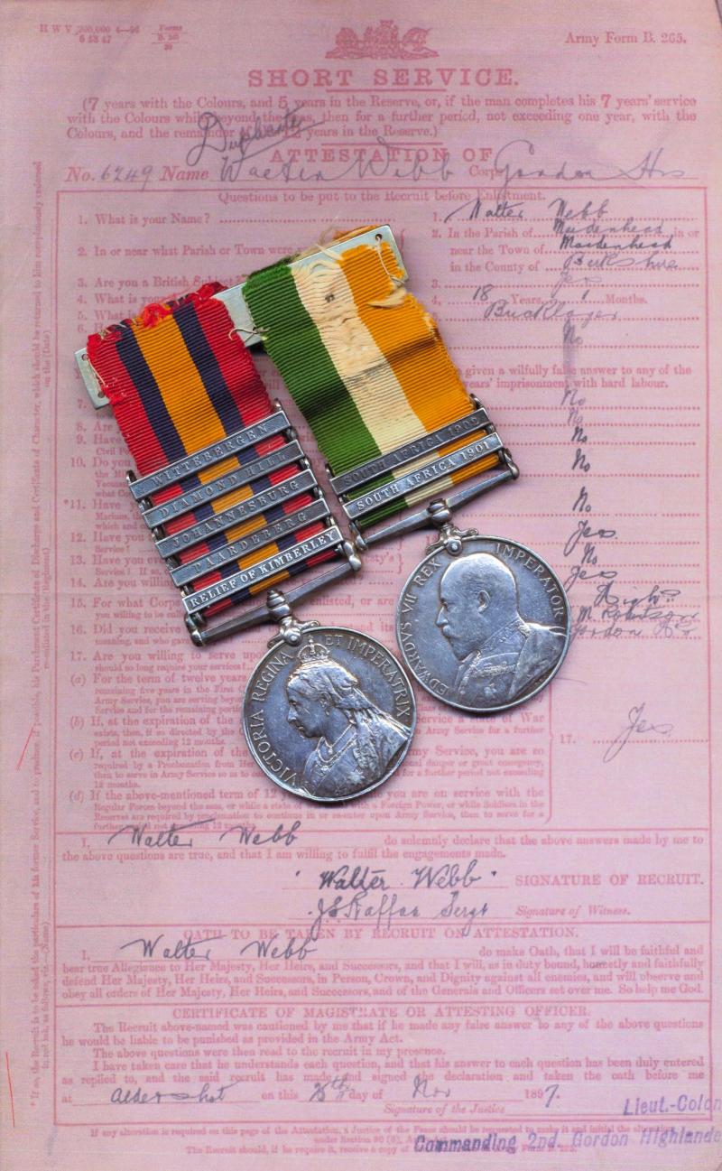 A regimentally scarce South African War 'Mounted Infantry' medal pair: Private Walter Webb, Gordon Highlanders Mounted Infantry late 1st Battalion Gordon Highlanders