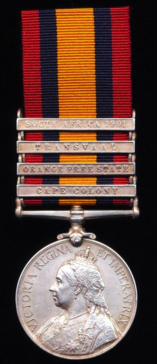 Queens South Africa Medal. Silver issue with 4 x clasps 'Cape Colony', 'Orange Free State', 'Transvaal' & 'South Africa 1901' (974 Pte. J. W. Napier. Cape Town Highrs:)