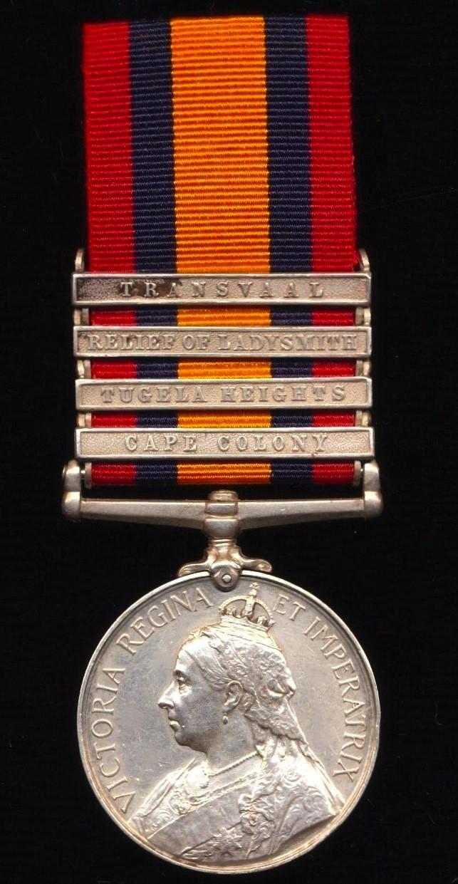 Queens South Africa Medal: Silver issue & 4 x clasps 'Cape Colony', 'Tugela Heights', 'Relief of Ladysmith' & ‘Transvaal’ (5745 Pte. J. Mackie, 2: R: Scots Fus:)