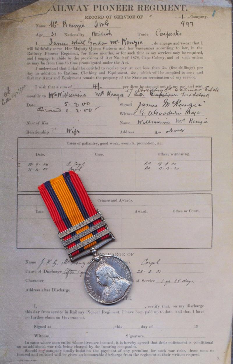 Queens South Africa Medal: Silver issue & 3 x clasps 'Cape Colony', 'Orange Free State' & 'Transvaal' (997 Corpl: J. W. G. McKenzie. Rly: Pnr: Regt)