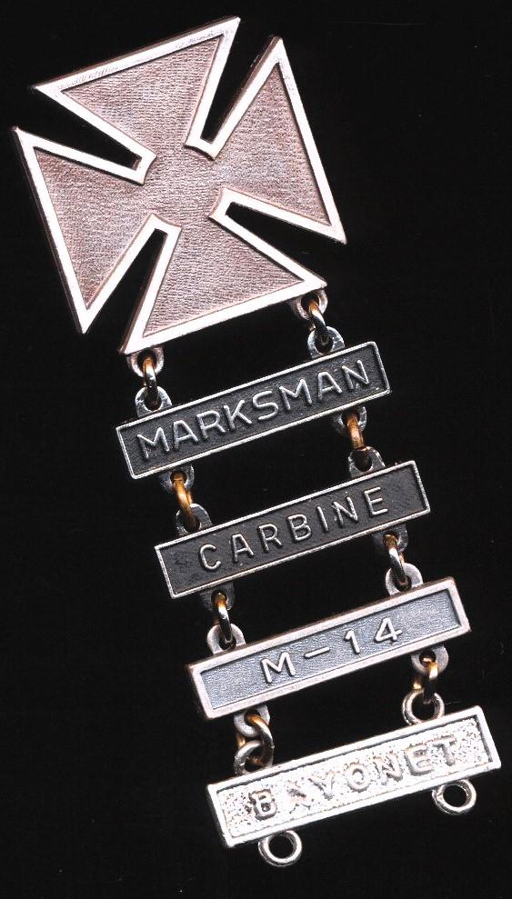 United States: United States Army 'Marksman' Badge. With 4 x Army Weapons Qualification Bars bars 'Marksman', 'Carbine', 'M-14' & 'Bayonet'