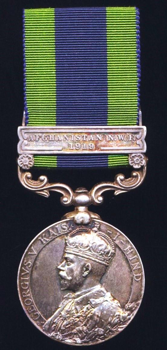 Indian General Service Medal 1908-35. GV first issue. Silver with clasp 'Afghanistan N.W.F. 1919' (Bearer. Ahmed Din, 3-34 Prs.)