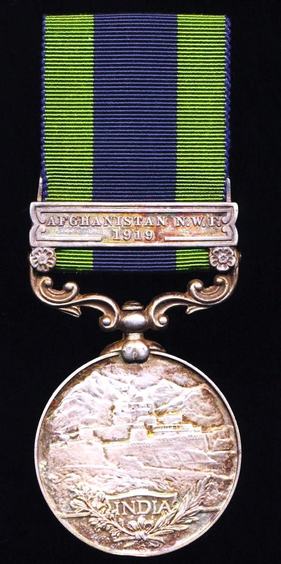 Indian General Service Medal 1908-35. GV first issue. Silver with clasp 'Afghanistan N.W.F. 1919' (Bearer. Ahmed Din, 3-34 Prs.)