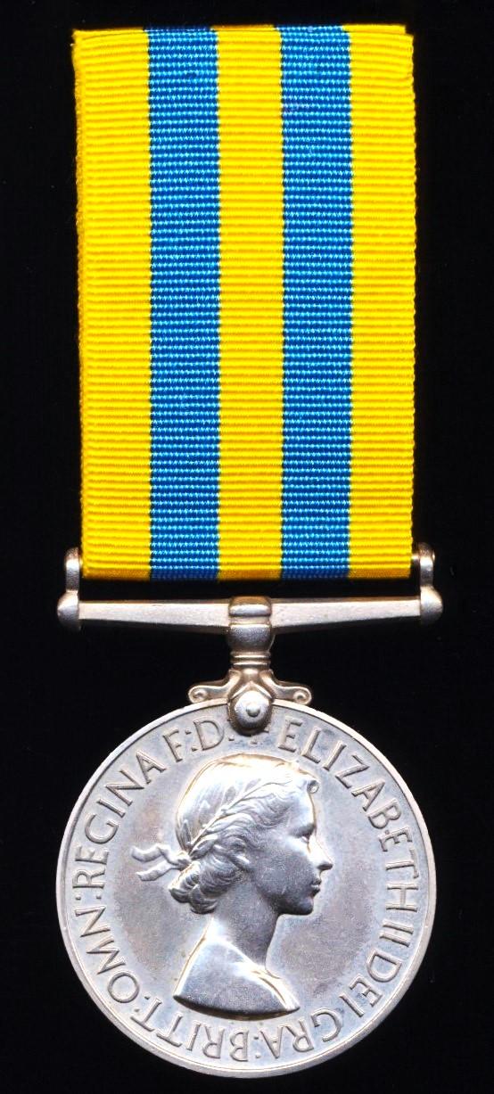 Korea Medal. 1st type obverse legend (22707373 Pte R. Longbottom. D.W.R.)