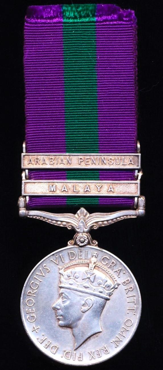 General Service Medal 1918-162. GVI second issue with 2 x clasps 'Malaya' & 'Arabian Peninsula' (22221048 Cpl. F. Collins. Suffolk. R.)