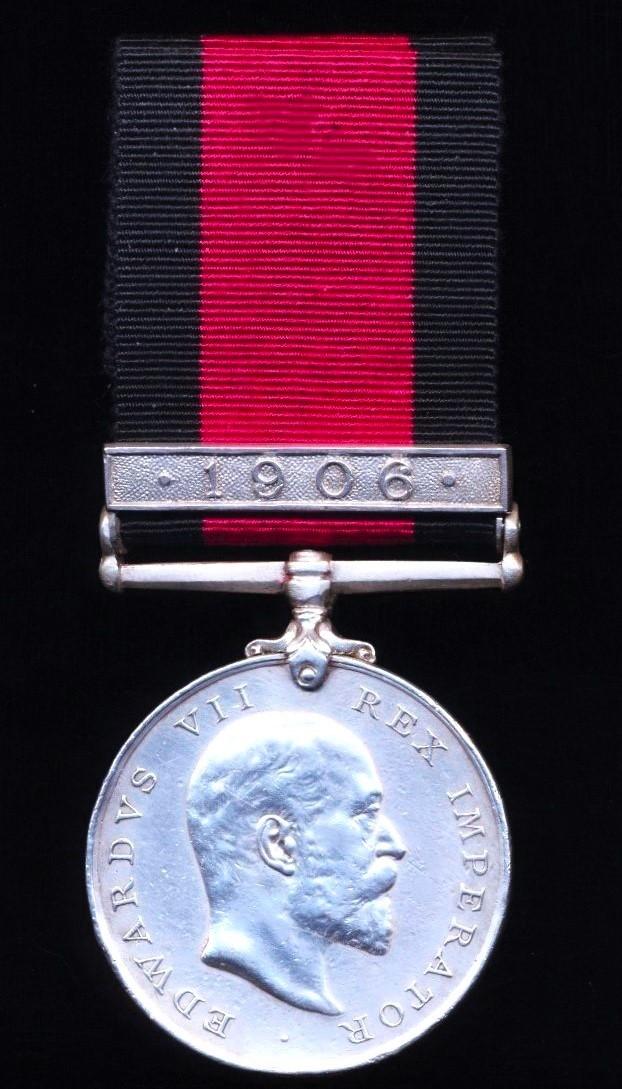 Natal Medal 1906. With clasp '1906' (Dvr. J. C. Currie B Battery, N.F.A.)