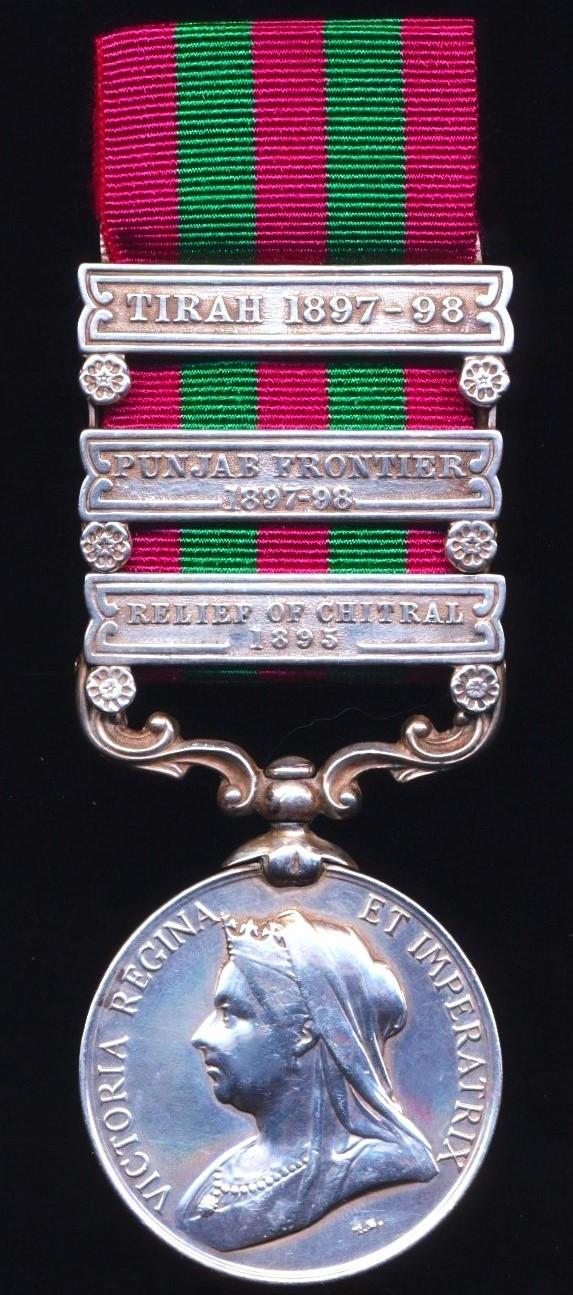 India General Service Medal 1895. Silver issue with 3 x clasps 'Relief of Chitral 1895', 'Punjab Frontier 1897-98' & 'Tirah 1897-98' (3441 Pte W. Smith, 1st Bn. Gord: Hrs.)