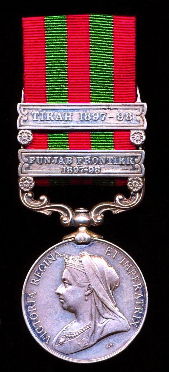 India General Service Medal 1895-1902. Victoria silver issue with 2 x clasps 'Punjab Frontier 1897-98' & 'Tirah 1897-98' (306 Color Sergt. W. Baker 1st. Bn. Devon. Regt.)