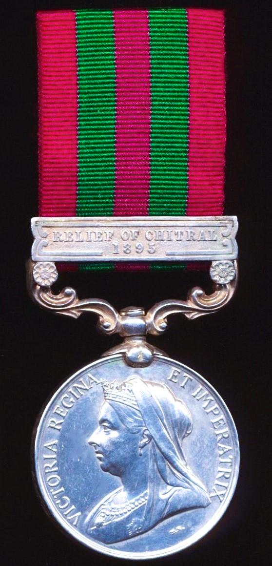 India General Service Medal 1895. Silver issue with clasp 'Relief of Chitral 1895' (4733 Pte F. W. Durrant 1st Bn K.R.R.C.)