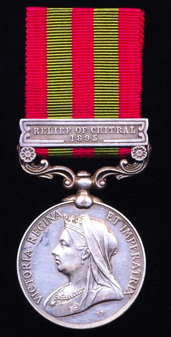 India General Service Medal 1895. Silver issue with clasp 'Relief of Chitral 1895' (1702 Cpl L. McBean 2nd Bn Seaforth Highdrs)