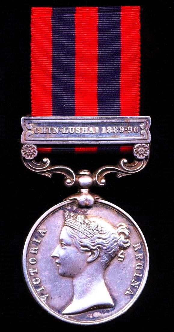 India General Service Medal 1854-95. Silver issue with clasp 'Chin-Lushai 1889-90' (1992 Pte J Knight 1st Bn Ches: R.)