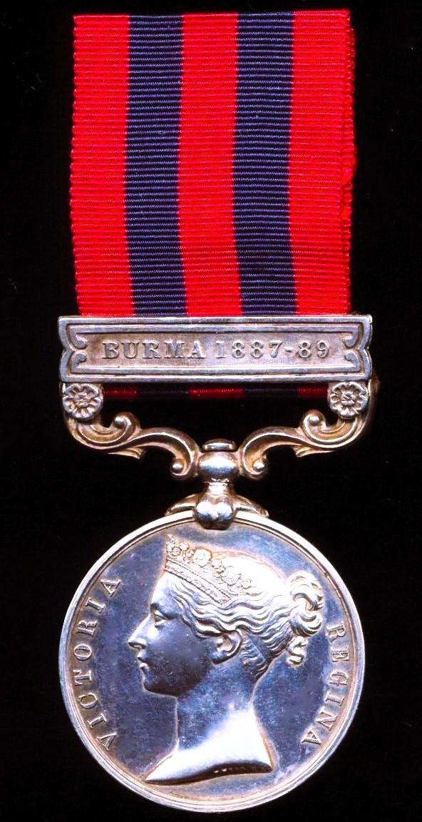 India General Service Medal 1854-95. Silver issue with clasp 'Burma 1887-89' (2001 Pte E J Scammell 2d Bn Norf: R)