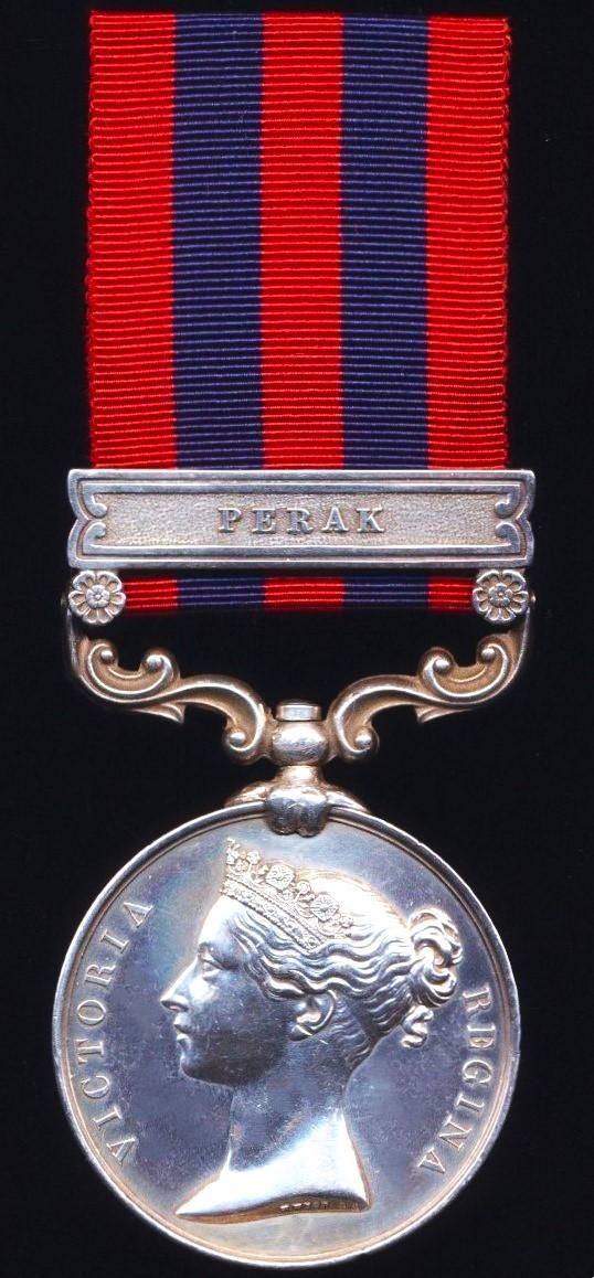 India General Service Medal 1854-95. Silver issue with clasp 'Perak' (T. Searle. Stoker H.M.S. 